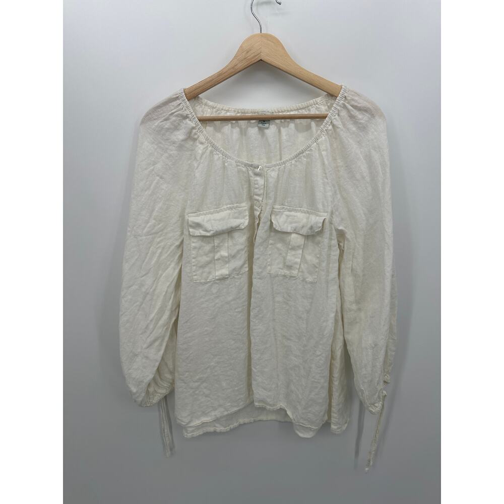 Sundance Womens White Linen Top Size M Pockets Quarter Button Boho Casual